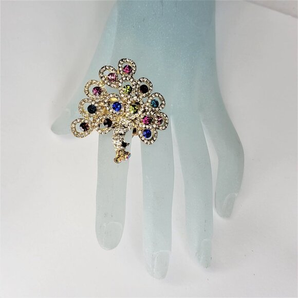 PEACOCK Ring Multicolor Crystals Stretch Band Ring - Picture 4 of 13